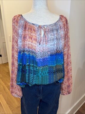 Tangerine NYC Multicolor Tie-Neck Peasant Blouse